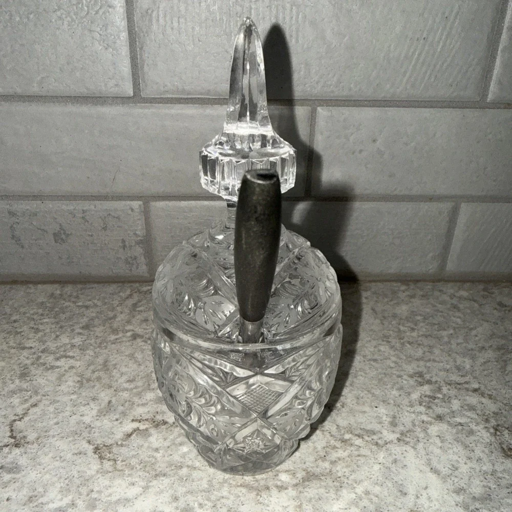 Vintage Clear Cut Glass Covered Sugar Bowl Candy Dish W lid 7 In Floral Etched
